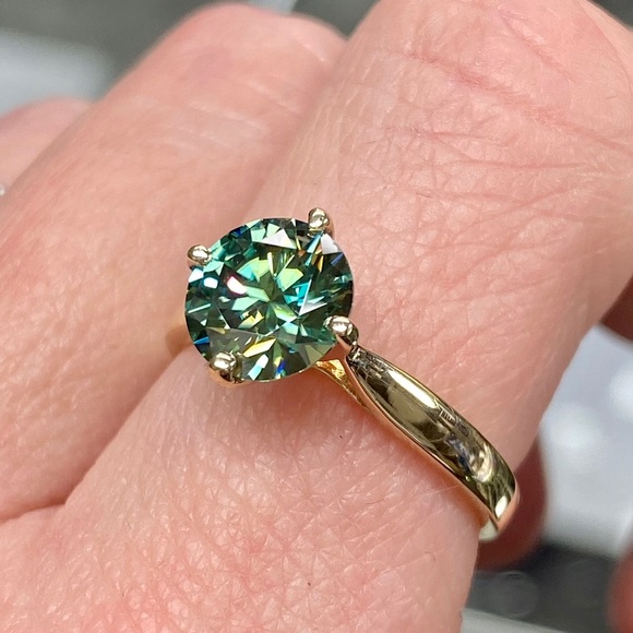 14k Yellow Gold 1 Carat Teal Blue / Aqua Diamond Moissanite Engagement Ring - Picture 5 of 14